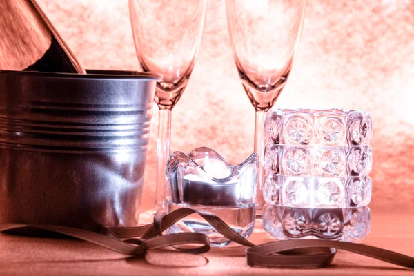 Cool Champagne and glass prepare for Celebration. Candle is ligh — Stock Photo, Image