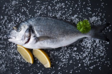taze çiğ dorado balık baharat ve otlar üzerinde siyah arka plan, üstten görünüm