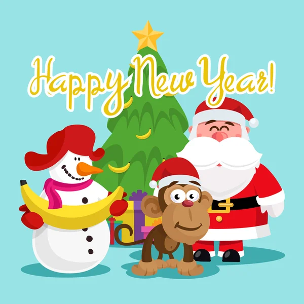 Monkey, snowman Santa Claus near the Christmas tree decorated with bananas — Stock Vector
