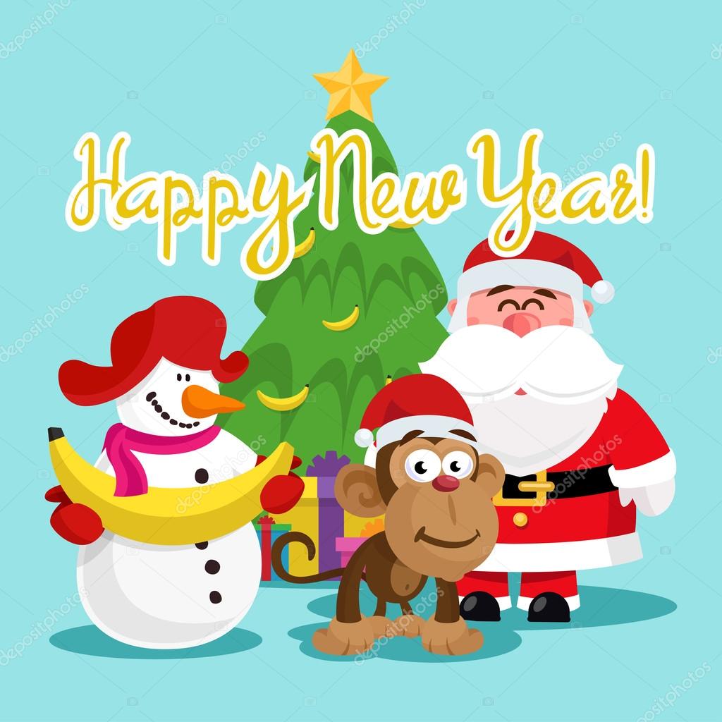 Monkey, snowman Santa Claus near the Christmas tree decorated with bananas