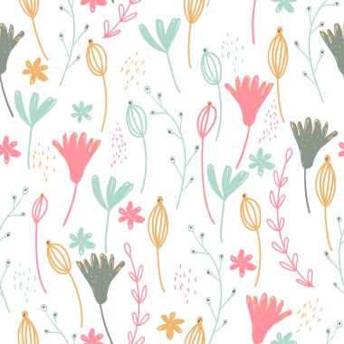 Vektör orman tasarımı, çiçek seamless modeli, yaprak arka plan. Bitkiler süsleme