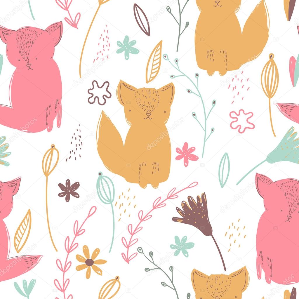 Vector illustration. Seamless pattern. Funny cats with hand drawn texture.