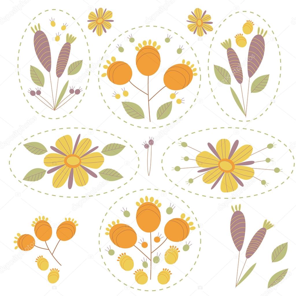 Insieme degli elementi di fiori isolato su bianco Carine elementi disegnati e colorati a mano Pro tazione elemento artistico per carta stampa