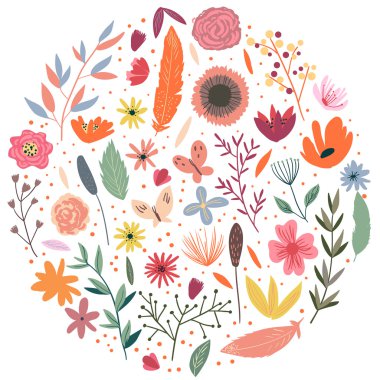 Grafik set, çelenk, çiçekler.