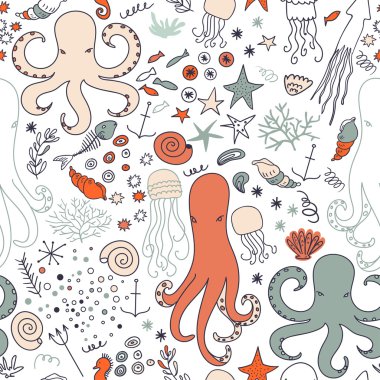 Deniz hayat Dikişsiz desen arka plan üzerinde beyaz.