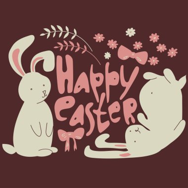 Colorful Happy Easter greeting card with rabbits.