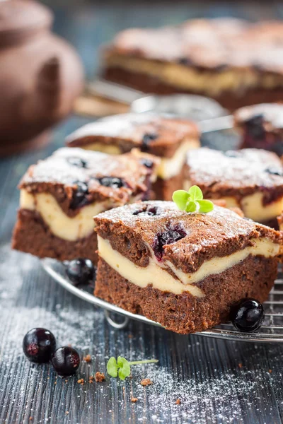 Bitar av choklad cheesecake brownies med blackberry — Stockfoto