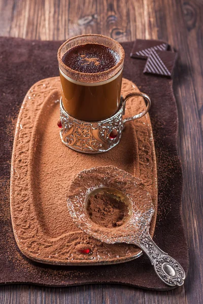 Kávé, csokoládé, egy üveg pohár — Stock Fotó