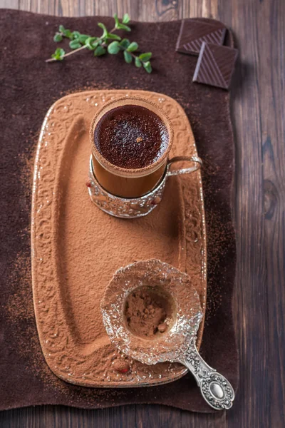 Kávé, csokoládé, egy üveg pohár — Stock Fotó