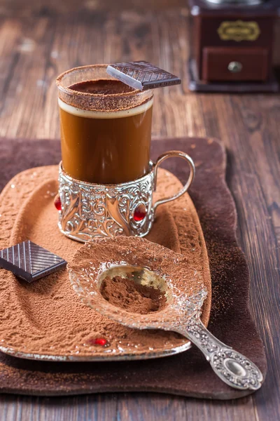 Coffee with chocolate in a glass cup — Stock Photo, Image