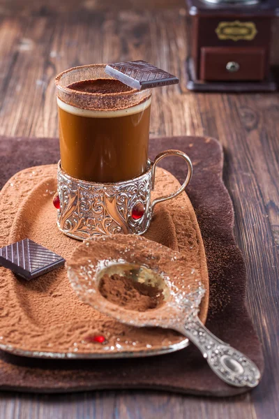 Coffee with chocolate in a glass cup — Stock Photo, Image