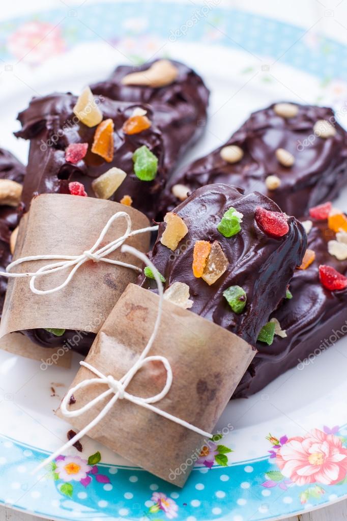 Chocolate bars with waffles and blackcurrant jelly