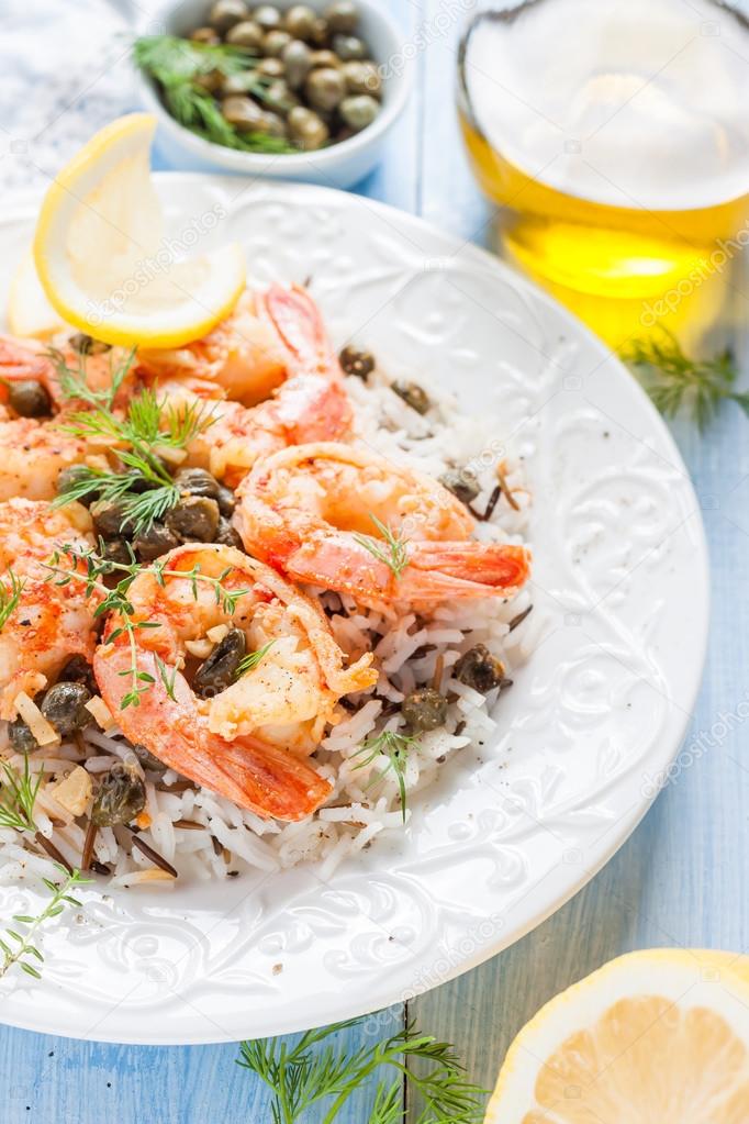 Shrimp with capers, lemon and wild rice