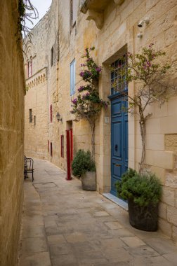 Malta 'nın Mdina kentinde sakin bir caddede kentin tarihi mimarisi sergileniyor. Mavi kapı ve saksı bitkileri bu antik duvarlarla çevrili şehrin cazibesini arttırıyor..