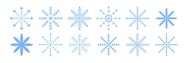 Çeşitli şekillerde 12 vektör mavi kar taneleri kümesi. Tatil tasarımları, yeni yıl kartları, şablonlar, arka planlar veya dekorlar yaratmak için zarif geometrik kış unsurları. Noel için mükemmel, kış, soğuk ve soğuk desenler.