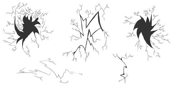 Kırık cam, duvar ya da yüzey hasarı gibi çeşitli şekillerdeki çatlakların ve çatlakların vektör çizimleri. Keskin çizgileri olan siyah ve beyaz siluetler çarpışmanın, patlamanın ya da parçalanmış maddenin etkisini yaratıyor. Komik efektler için mükemmel, dinamik