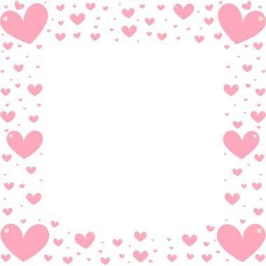 Beyaz arka planda farklı boyutlarda pembe kalpleri olan romantik bir çerçeve. Kartlar, davetiyeler ve sosyal ağlar için aşk ve romantizmin kare çerçevesi. Sevgililer Günü için güzel pembe kalplerle dekoratif çerçeve..