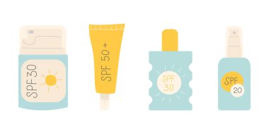 Güneş kremi koruma simgesi ayarlandı. Güneş kremi tüpleri, losyon şişeleri ve 20, 30 ve 50 faktörlü spreyler. Yaz cilt bakım ürünleri. Infografikler, sağlık blogları ve sosyal medya için el çizimi unsuruna sahip modern düz tasarım.