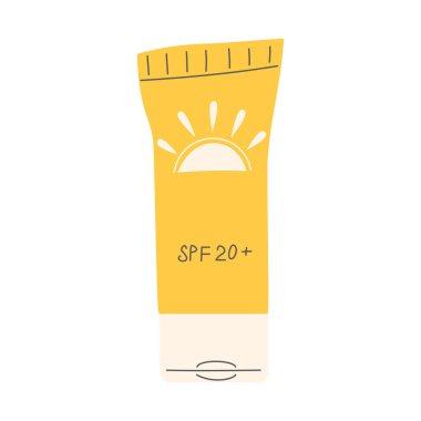 Sarı güneş kremi tübü 20 artı güneş ikonu. Yaz cilt bakımı, ultraviyole koruma ve plaj tatili kavramları için minimalist vektör çizimi. Infografikler, sağlık blogları ve sosyal medya için mükemmel elle çizilmiş ögelere sahip modern düz tasarım