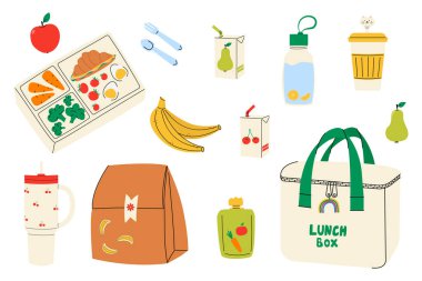 Okul veya ofis için sağlıklı yiyecek, abur cubur ve içecekler içeren beslenme çantaları, düz vektör illüstrasyonları. Çocuklar için şirin atıştırmalıklar, sağlıklı okul yemekleri ve içecekler, çocuklar için renkli vektör çizimleri.