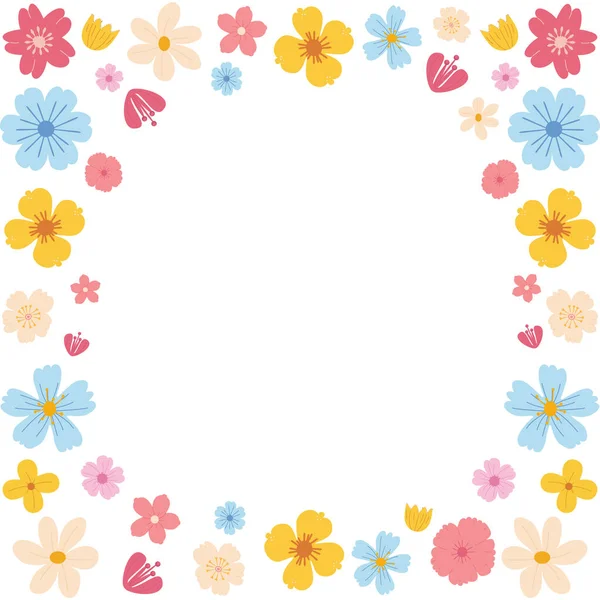 El çizimi bahar çiçekleri olan renkli bir kare çerçeve. Tebrik kartları, davetiyeler ve sosyal ağlar için bahar çiçeklerinin dekoratif çerçevesini oluşturun.