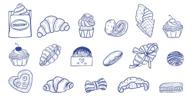 Fırınlanmış mallar, kruvasanlar, çörekler ve tatlı hamur işlerinin el yapımı mavi çizgili sanat resimleri. Bu minimalist Akdeniz fırın çizimleri kafe menüleri, ambalajlama, desenler, posterler, markalar, gıda tasarımı ve Fransız b 'si için mükemmeldir.
