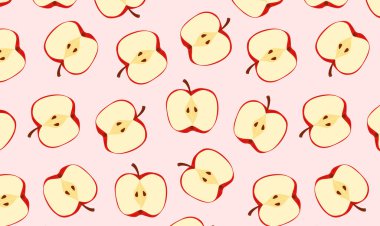 Yumuşak pembe pastel arka planda elmalı yarımları olan şirin, pürüzsüz desen. Elma yarısıyla tekrarlanan meyve dokusu, kumaş, ambalaj kağıdı, duvar kağıdı ve gıda tasarımı projeleri için mükemmel..