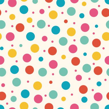 Renkli, şekersiz, konfeti desenli ve dağınık beyaz arkaplanda farklı boyutlarda noktalar var. Kumaş, hediye ambalajı ve eğlenceli tatil tasarımları basmak için uygun.