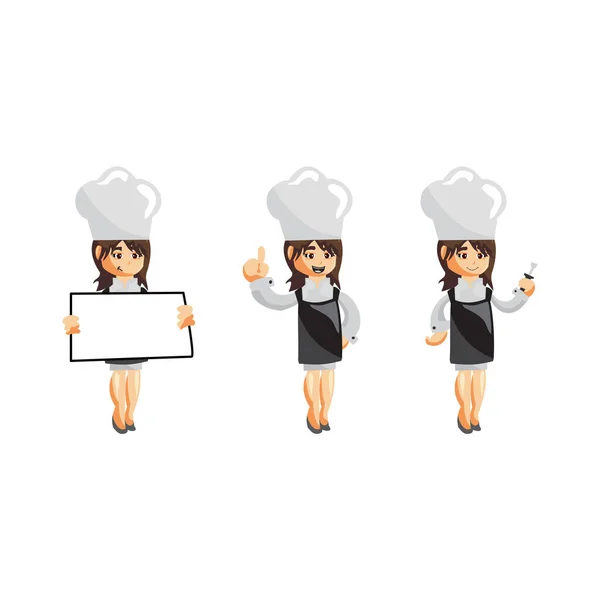Chef Γυναίκα Χαρακτήρα Μασκότ Δημιουργία Εικονογράφηση Πρότυπο Pose Σετ — Διανυσματικό Αρχείο