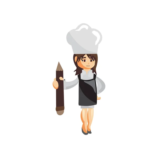 Chef Mujer Creación Personajes Plantilla Ilustración Pose Hold Pencil — Vector de stock