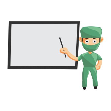 Hemşire Man hastane karakteri, sağlık maskotu ve boş tahtası var.