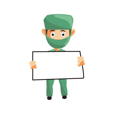 Hemşire Man hastane karakteri, sağlık maskotu ve boş tahtası var.