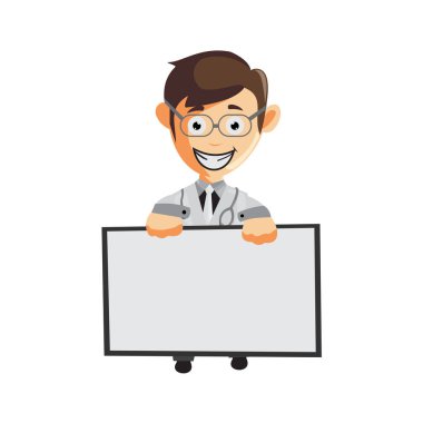 Doktor Man karakterleri hastane hekimi kıyafetleri ve boş tahta resimleri.