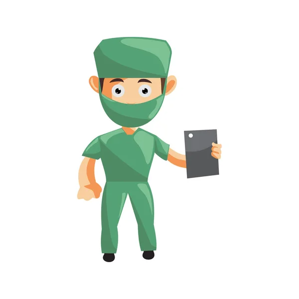 Mascotte Infirmière Homme Hôpital Personnage Vêtements Soins Santé Hold Phone — Image vectorielle