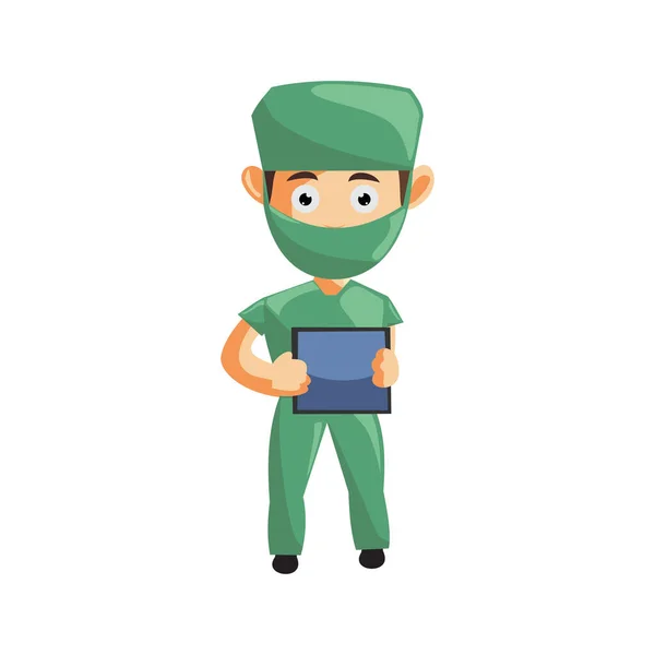Mascotte Infirmière Homme Hôpital Personnage Vêtements Soins Santé Hold Phone — Image vectorielle