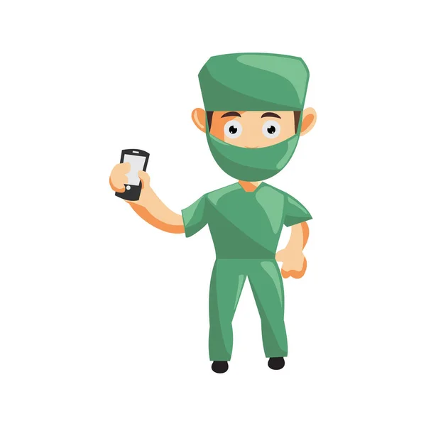 Krankenschwester Mann Krankenhaus Charakter Kleidung Gesundheit Maskottchen Hold Phone — Stockvektor