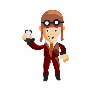 Pilot telefon karakteri illüstrasyonu yapıyor. Kask kulaklık ve gözlük kullanın. 