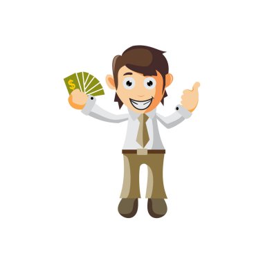 İş adamı Holding Money çizgi film karakteri İllüstrasyon tasarım yaratımı izole edildi