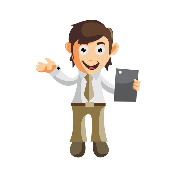 Business Man Holding Phone Tablet Cartoon Character Illustration Design Creation — Stock Vector