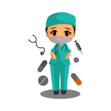 Beyaz tıbbi maske takan doktor karakter. Corona virüsü 2019. İlaç işçisi.. 