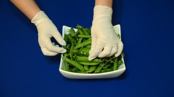 在蓝色背景上的白盘子里的新鲜豌豆 — 图库视频影像