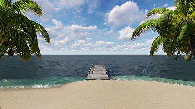Palmiye ağaçları ile sahilde ahşap iskele