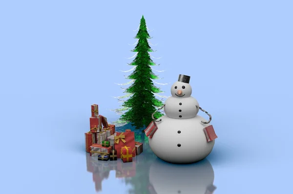 Sněhulák s dárky vedle vánoční stromeček — Stock fotografie