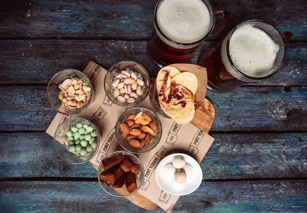 Different Snacks Beer Blue Wooden Photo View — Stock Photo, Image