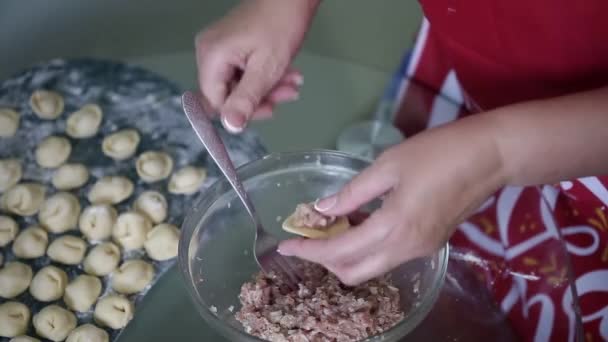 Женщина делает домашние пельмени на кухне на столе — стоковое видео