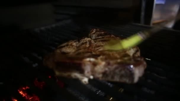 Der Koch fettet das Steak im Ofen mit Öl ein — Stockvideo
