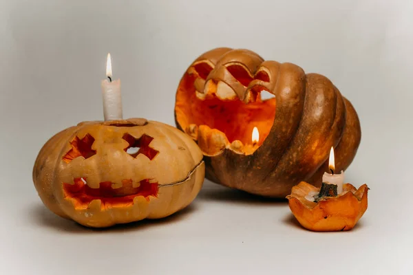 Rostos Abóbora Esculpidos Para Halloween Com Velas — Fotografia de Stock