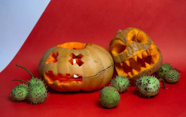 Composição Abóboras Esculpidas Para Feriado Halloween — Fotografia de Stock