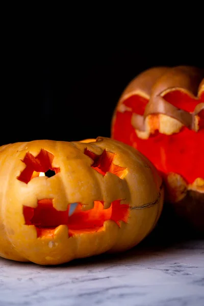 Faragott Tök Arcok Halloween Gyertyákkal — Stock Fotó