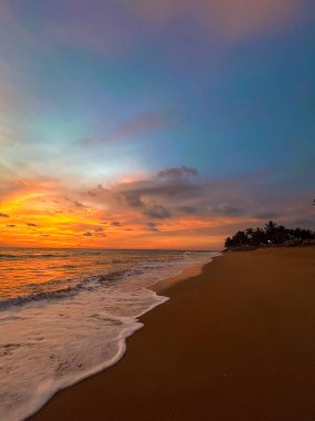 Okyanusun üzerinde turuncu gün batımı, kıyıda kum ve palmiyeler. Huzurlu bir ruh hali yakalıyor. Kitap kapakları ve metin arkaplanları için mükemmel..